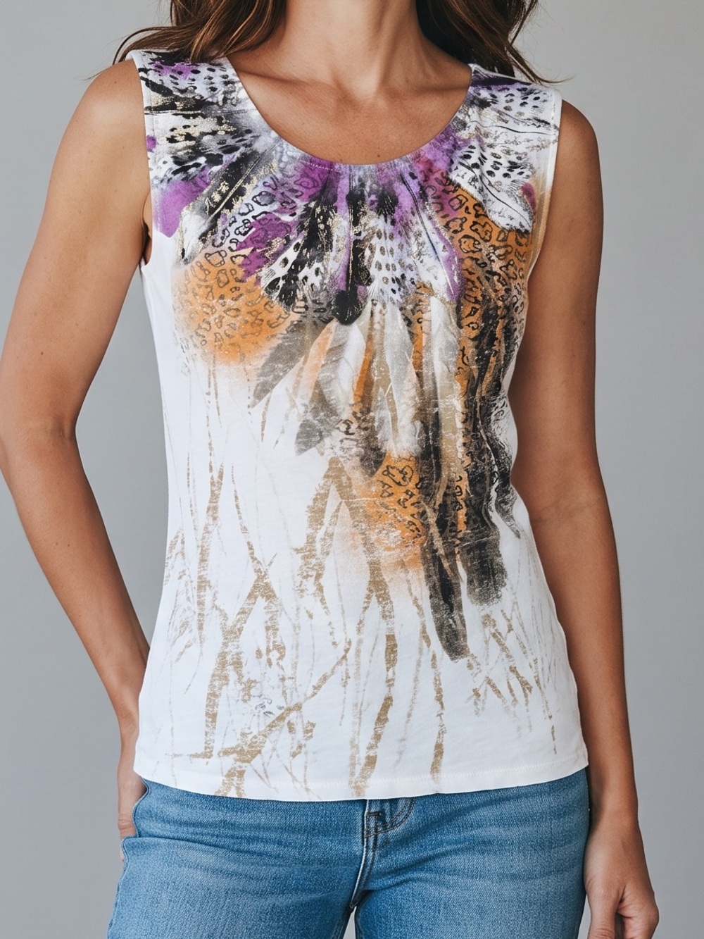 VINTAGE EXPRESS Y2K Gold Foil Feather Leopard Print Sleeveless Tank Top XS